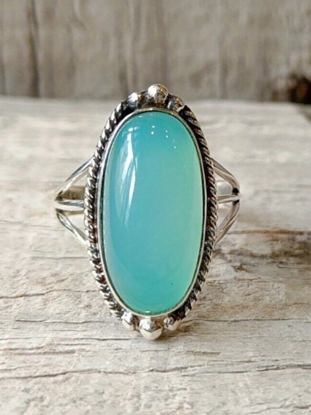 Blue chalcedony silver ring size 6 Boho